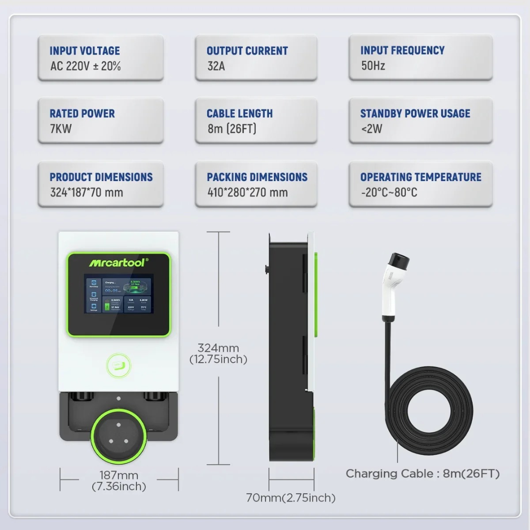 EV Charging Station Type 2 32A 7KW Scheduled Charge Wall Mount WallBox 8M Cable