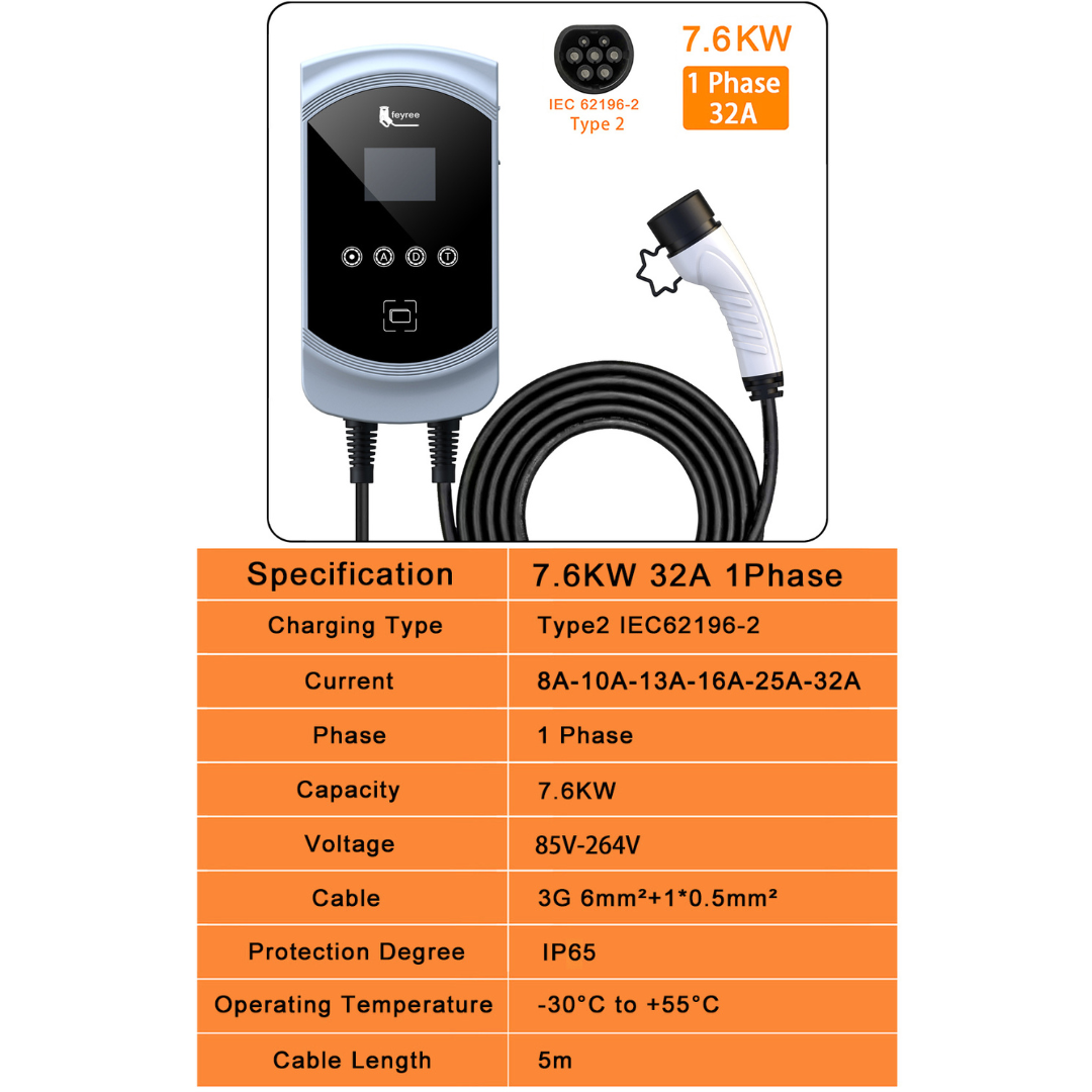 EV Wallbox Charger 7.6KW 11KW 22KW Electric Vehicle Car Charger 1 Phase or 3Phase Type2 - APP Control, Wi-Fi