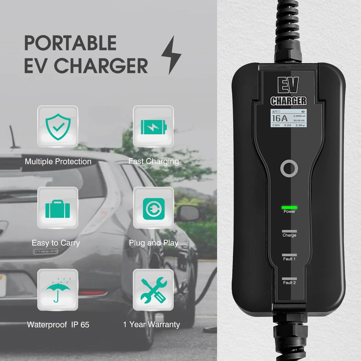 Electric Car Charger Type 1 EV Schuko Plug Level 2 16A 220V 3.6kW Fast Charging Wallbox