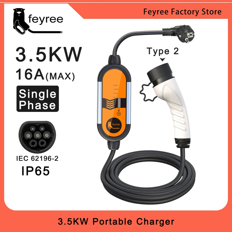 EV Portable Charger Type2 3.5KW Adjustable Current 8/10/13/16A Type1 j1772 Schuko Plug Wallbox for Electric Vehicle Car