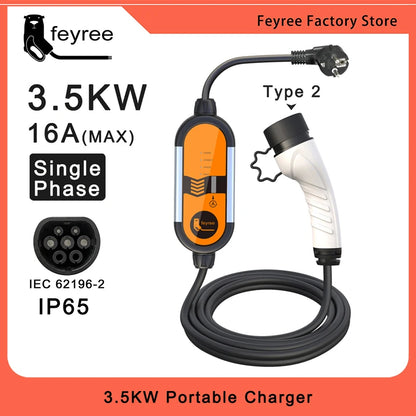 EV Portable Charger Type2 3.5KW Adjustable Current 8/10/13/16A Type1 j1772 Schuko Plug Wallbox for Electric Vehicle Car